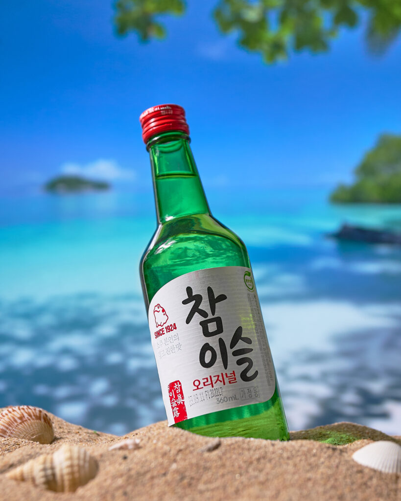 Korean soju placed in a beach vibe with trees